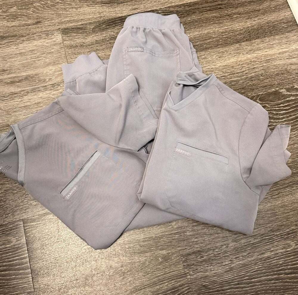 Jaanuu 3-Piece Scrub Set: 2 V-Neck Tops and 1 Jogger Pants, Size XS, Grey